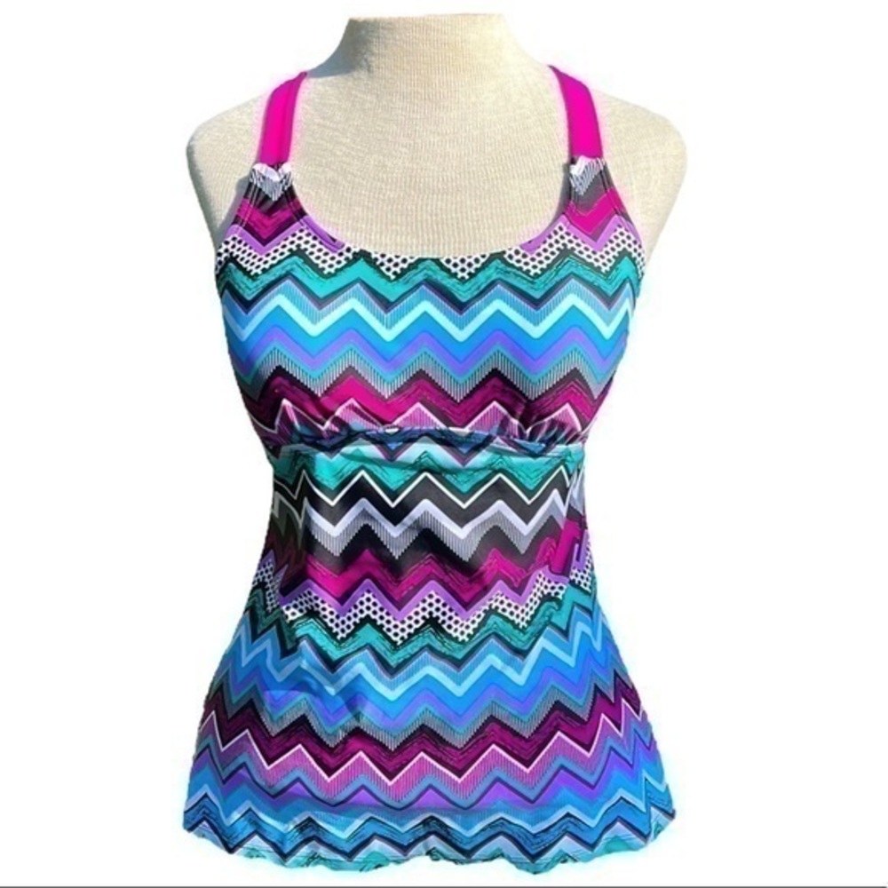 Tankini Swim Top Purple Blue Zigzag Print Y Back womens size medium